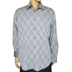 Bugatchi Mens Sz XL Shaped Fit Long Sleeve Button Down Shirt Gray Geometric EUC